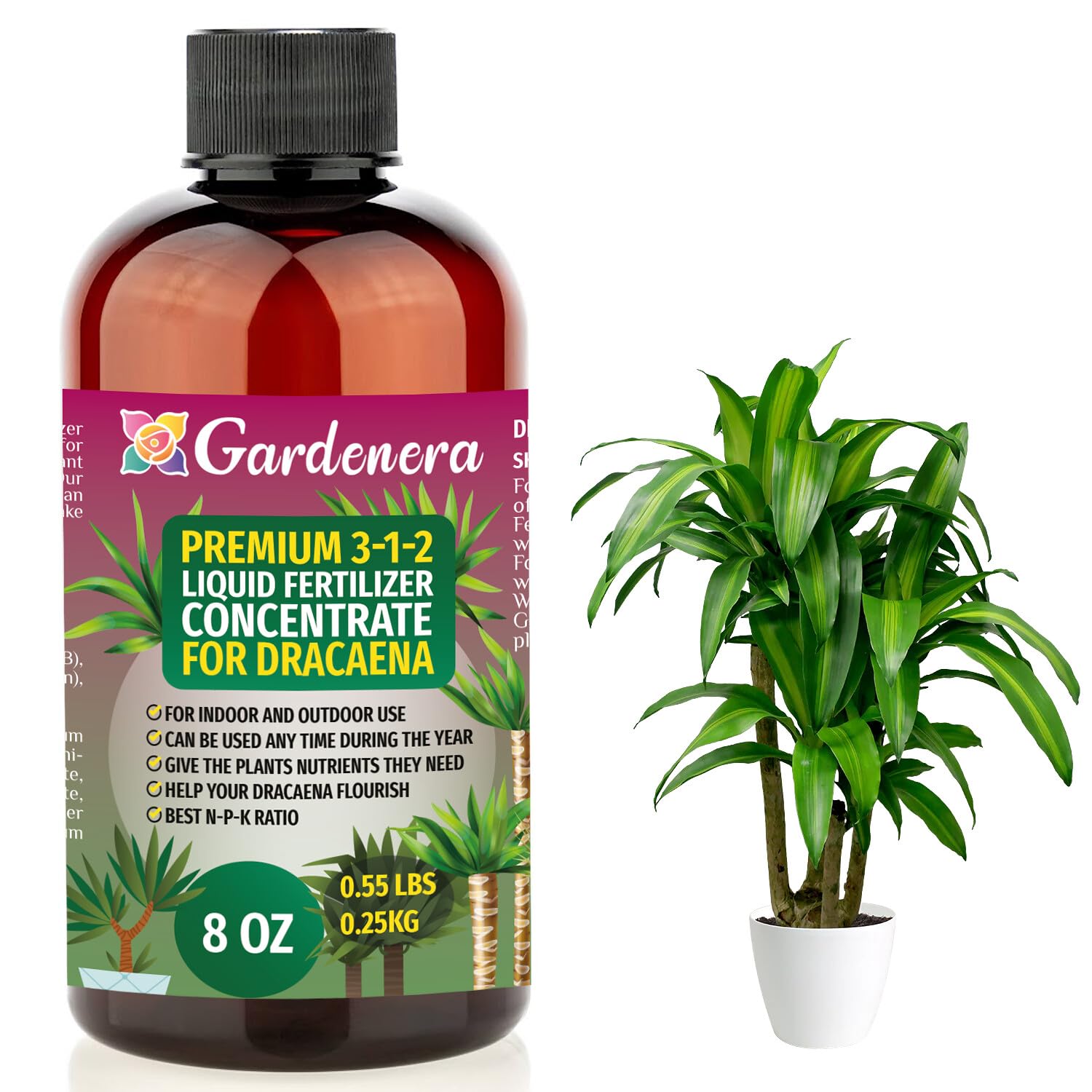 Premium Liquid Dracaena Plant Fertilizer - 3-1-2 Concentrate for Indoor Plants and Flowers by Gardenera | Organic Plant Food for Dracaena Plants - 32oz