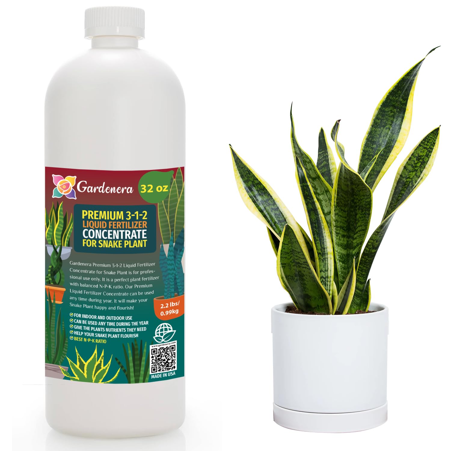 Premium Liquid Snake Plant Fertilizer - 3-1-2 Concentrate for Indoor Plants and Flowers by Gardenera | Organic Plant Food for Snake Plants - 32oz