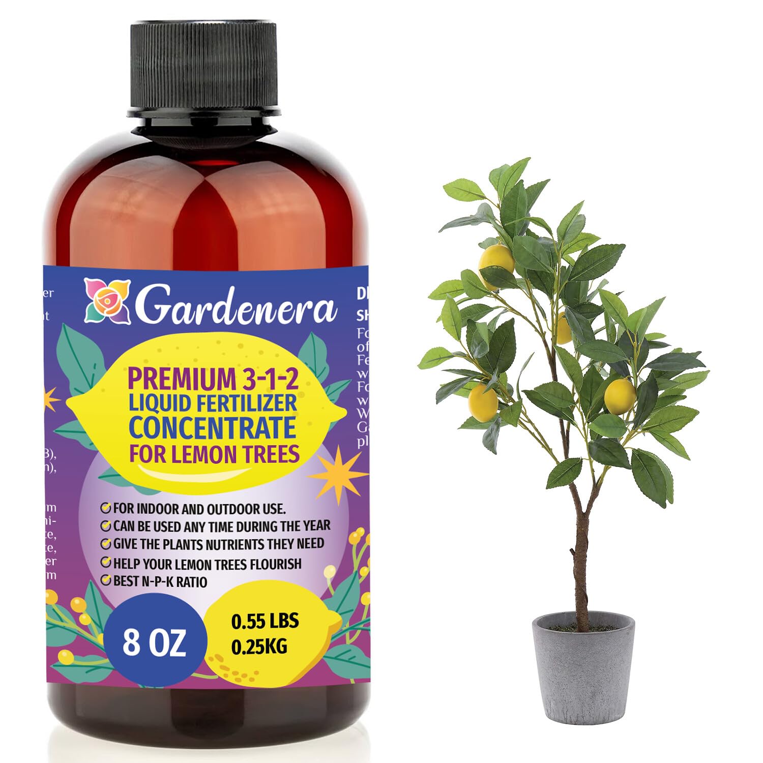 Premium Liquid Lemon Tree Plant Fertilizer - 3-1-2 Concentrate for Indoor Plants and Flowers by Gardenera | Organic Plant Food for Lemon Trees - 32oz