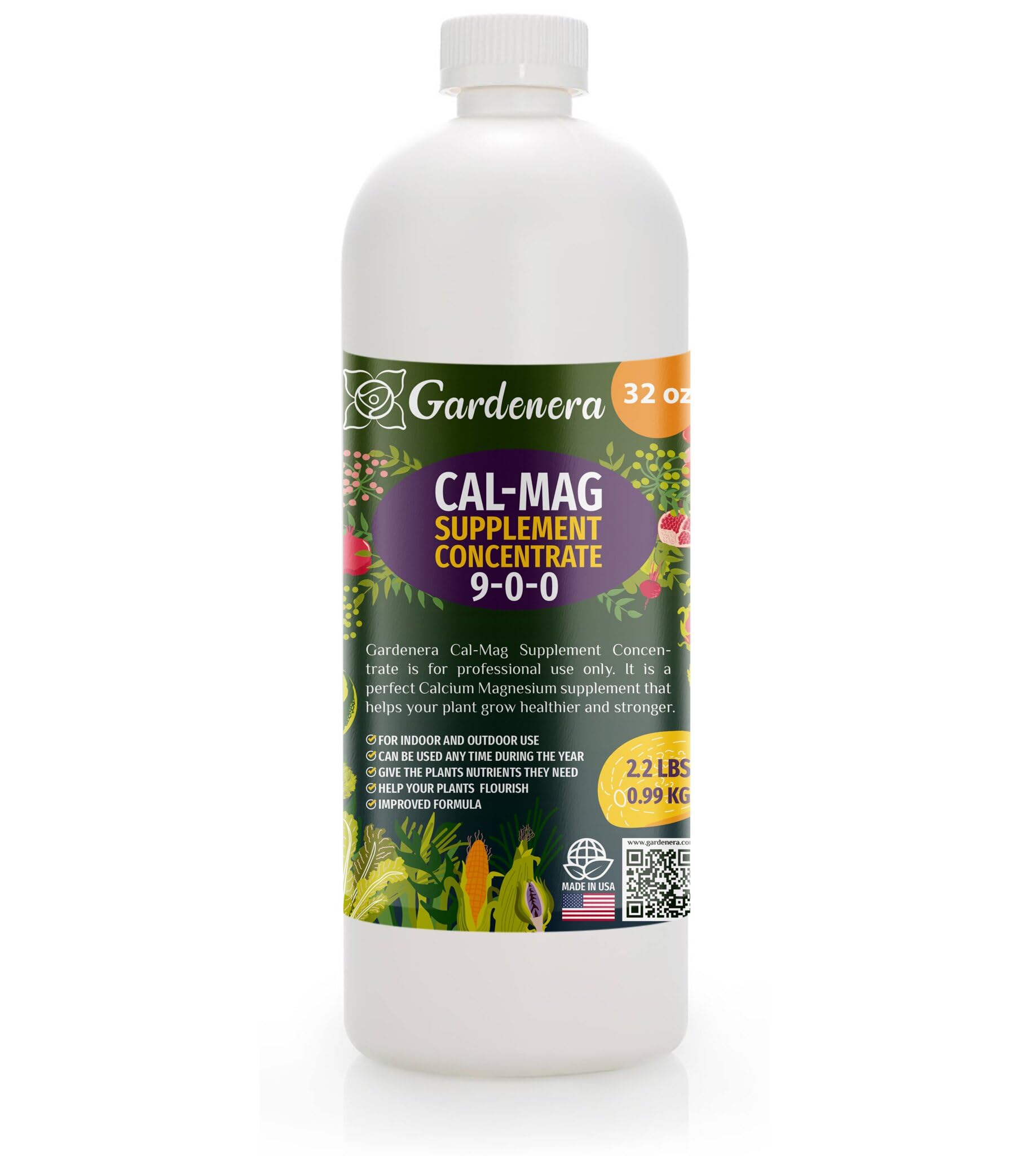 Grade Organic Cal-Mag Plus Growing Fertilizer Concentrate: Calcium, Magnesium, Iron & Micronutrients Supplement for Plant Deficiencies (9-0-0 NPK) - 32oz Bottle (Quart)