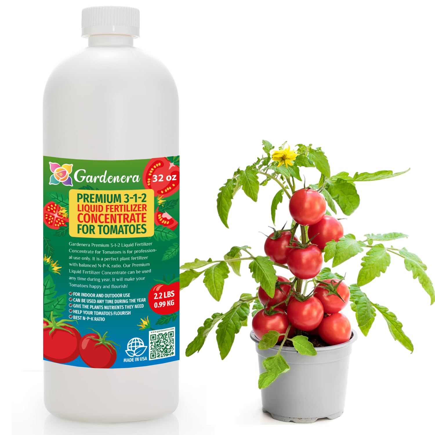 Premium Liquid Tomato Plant Fertilizer - 3-1-2 Concentrate for Indoor Plants and Flowers by Gardenera | Organic Plant Food for Tomatoes - 32oz