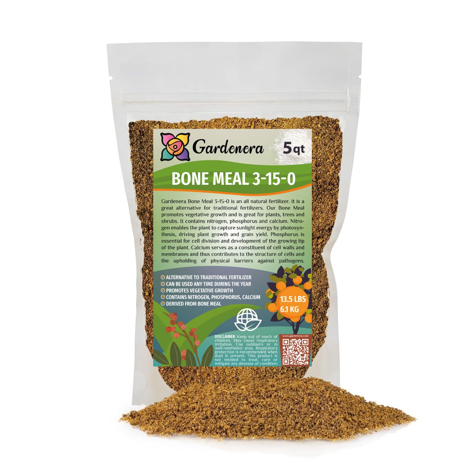 GARDENERA Natural Bone Meal Fertilizer - Add to Potting Soil - Strong Root Development Organic Gardening for Tomatoes, Peppers, and Bulbs - 5 Quart