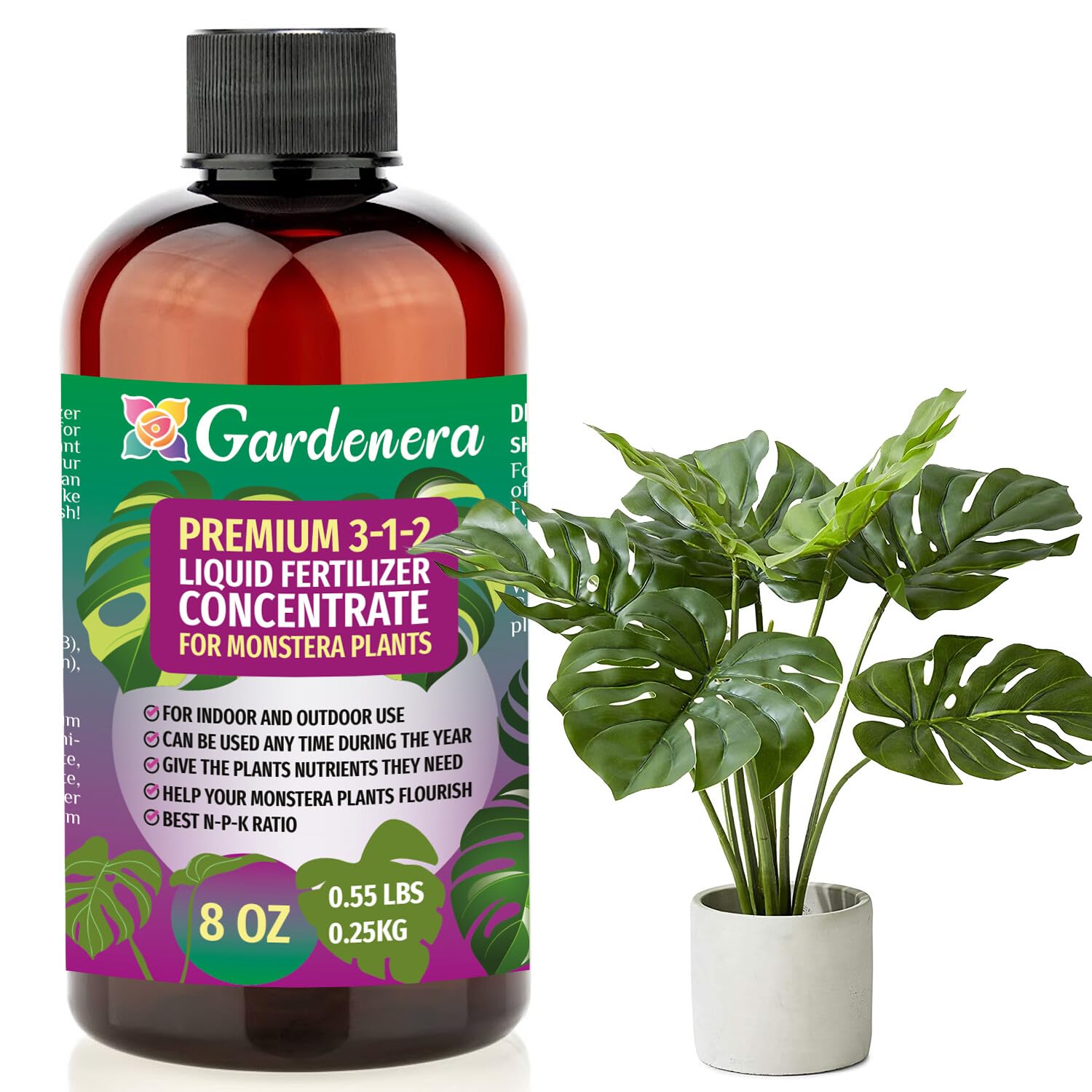 Premium Liquid Monstera Plant Fertilizer - 3-1-2 Concentrate for Indoor Plants and Flowers by Gardenera | Organic Plant Food for Monstera - 32oz