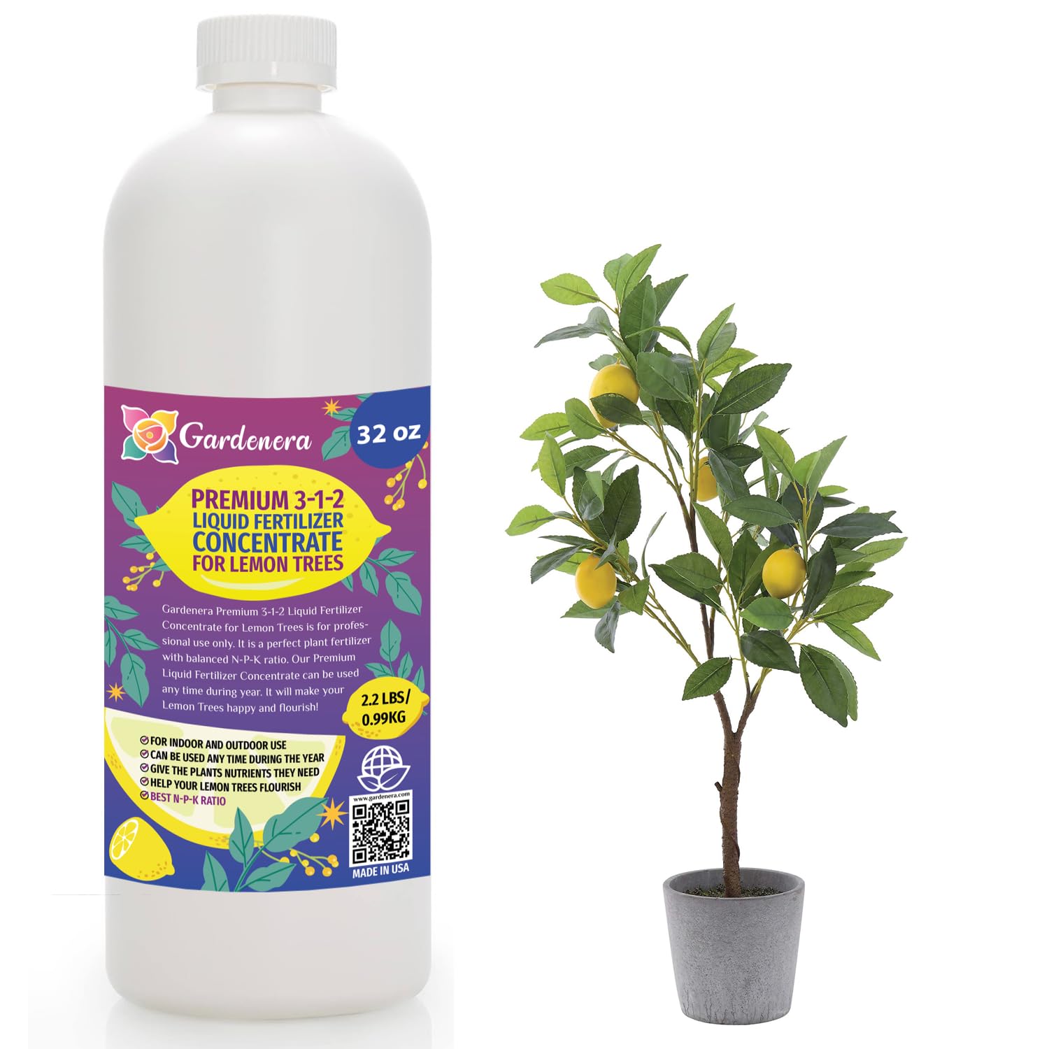 Premium Liquid Lemon Tree Plant Fertilizer - 3-1-2 Concentrate for Indoor Plants and Flowers by Gardenera | Organic Plant Food for Lemon Trees - 32oz