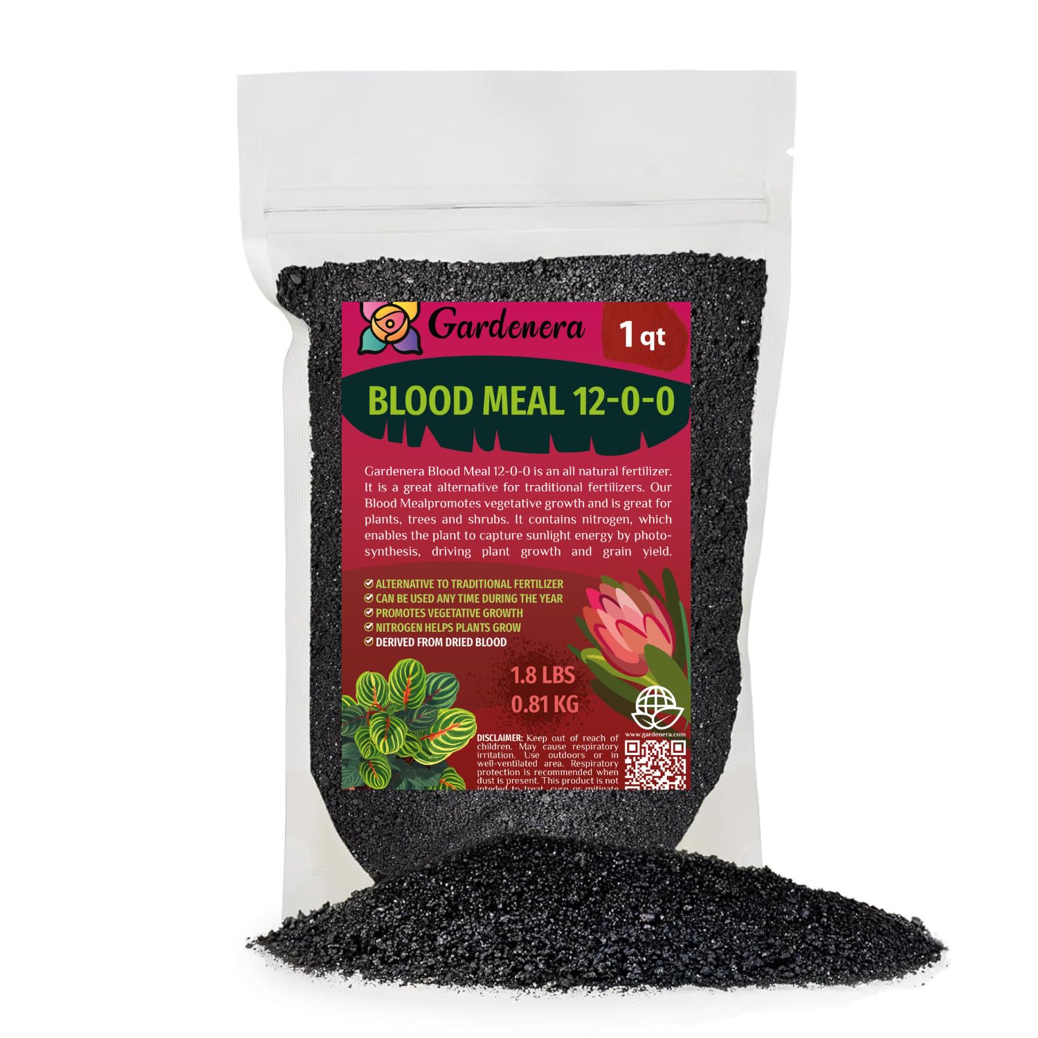 Premium 12-0-0 Organic Blood Meal Fertilizer by Gardenera - All-Natural Plant Food Source of Nitrogen for Organic Gardening, Flowers, Vegetables, Trees & Shrubs - 10 Quart