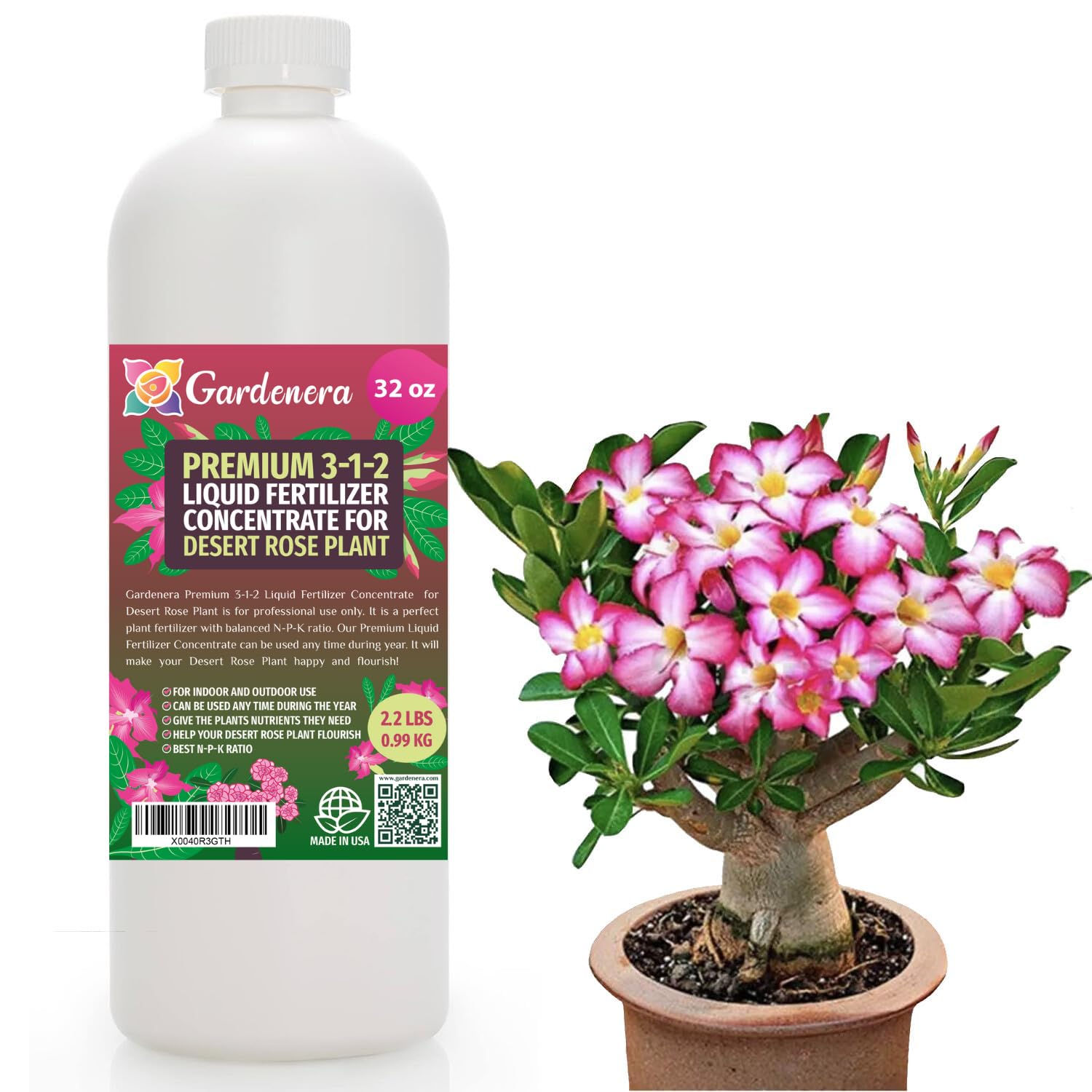 Premium Liquid Desert Rose Plant Fertilizer - 3-1-2 Concentrate for Indoor Plants and Flowers by Gardenera | Organic Plant Food for Desert Roses - 32oz