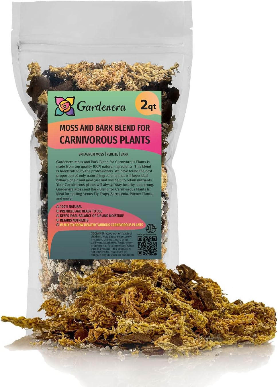 Premium Sphagnum Moss, Perlite and New Zealand Pine Bark Blend for Carnivorous Plants - Perfect for Venus Fly Traps, Pitcher Plants, Sarracenia, Butterworts, and Sundews by GARDENERA - 1 Quart Bag