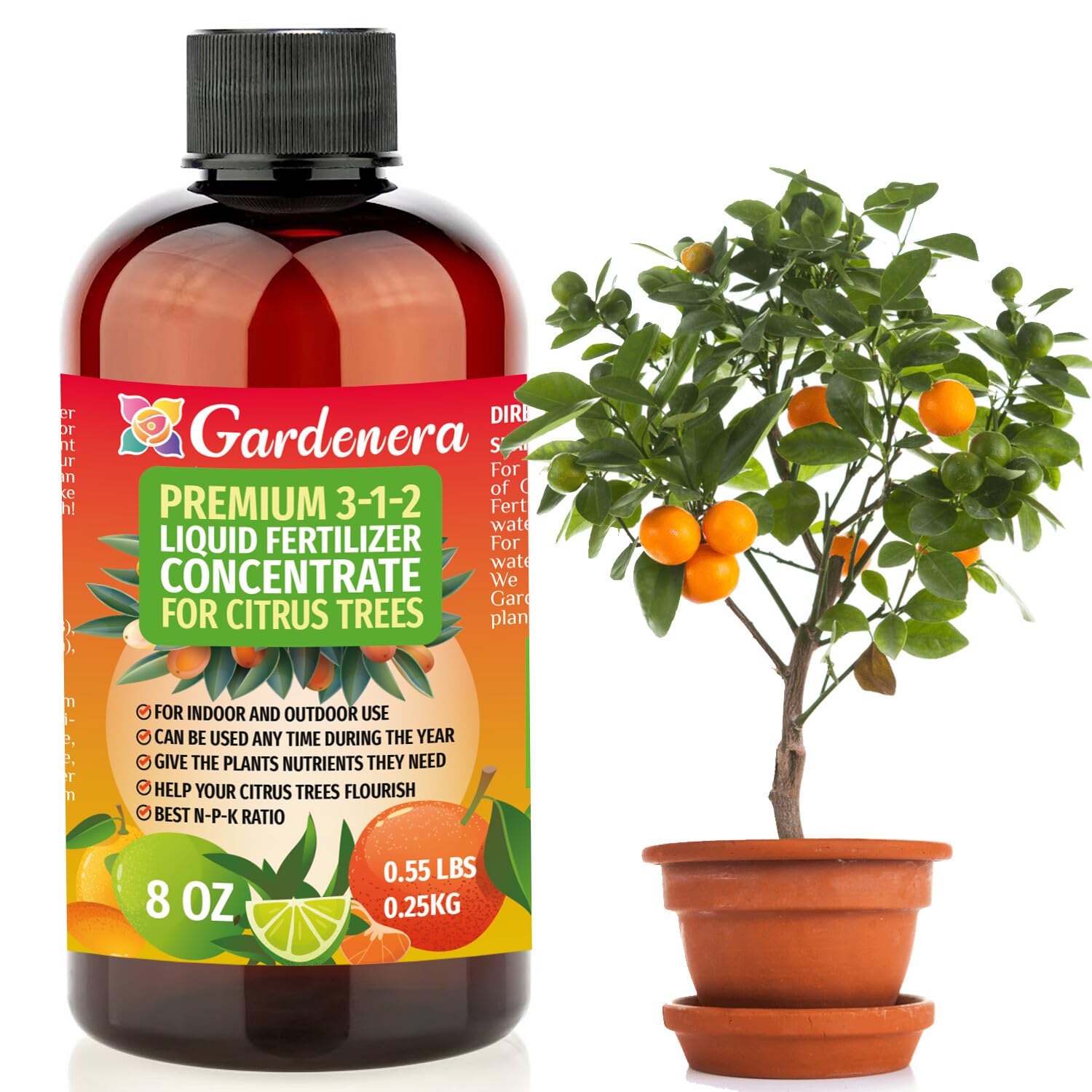 Premium Liquid Citrus Tree Plant Fertilizer - 3-1-2 Concentrate for Indoor Plants and Flowers by Gardenera | Organic Plant Food for Citrus Trees - 32oz