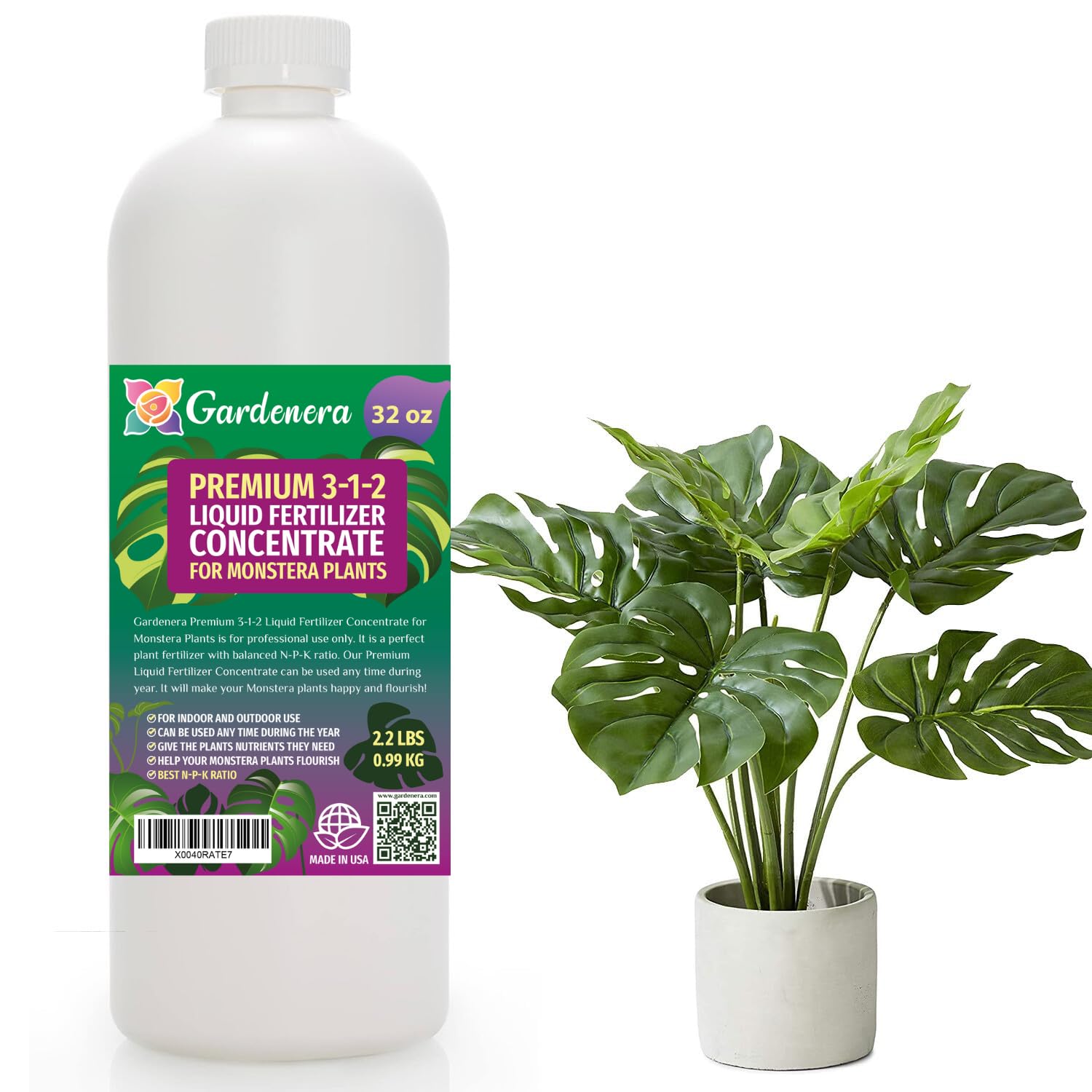 Premium Liquid Monstera Plant Fertilizer - 3-1-2 Concentrate for Indoor Plants and Flowers by Gardenera | Organic Plant Food for Monstera - 32oz