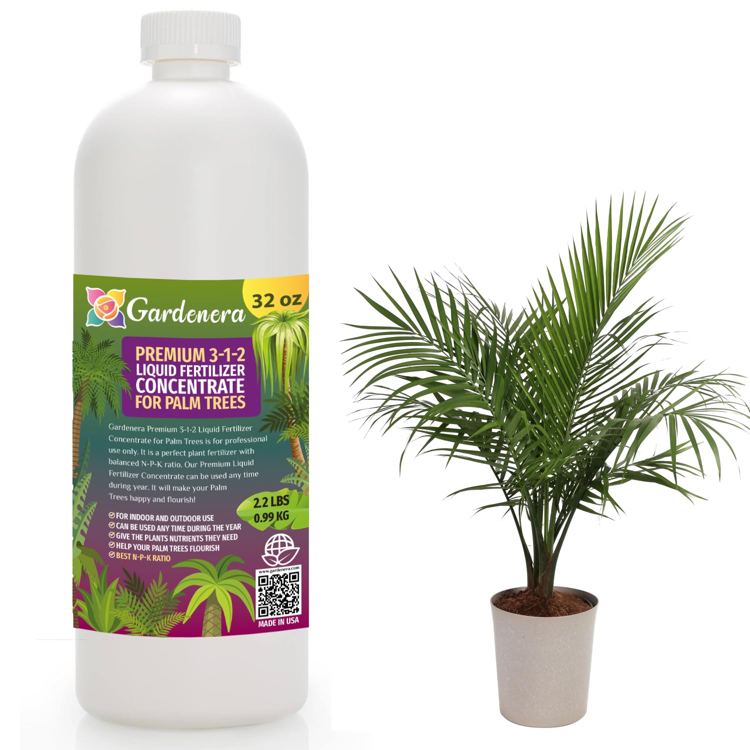 Premium Liquid Palm Tree Plant Fertilizer - 3-1-2 Concentrate for Indoor Plants and Flowers by Gardenera | Organic Plant Food for Palm Trees - 32oz