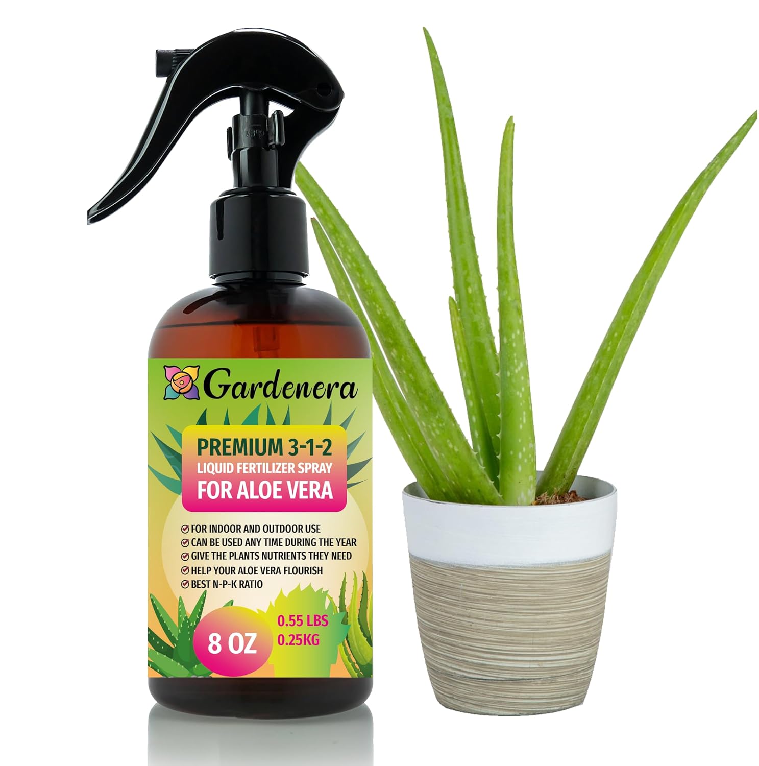 Gardenera Proffesional ALOE VERA Spray Fertilizer Mist for Home Gardening | 3-1-2 Gentle Blend Mist for Healthy Leaves & Growth | Essential Nutrients for ALOE VERA - 8oz