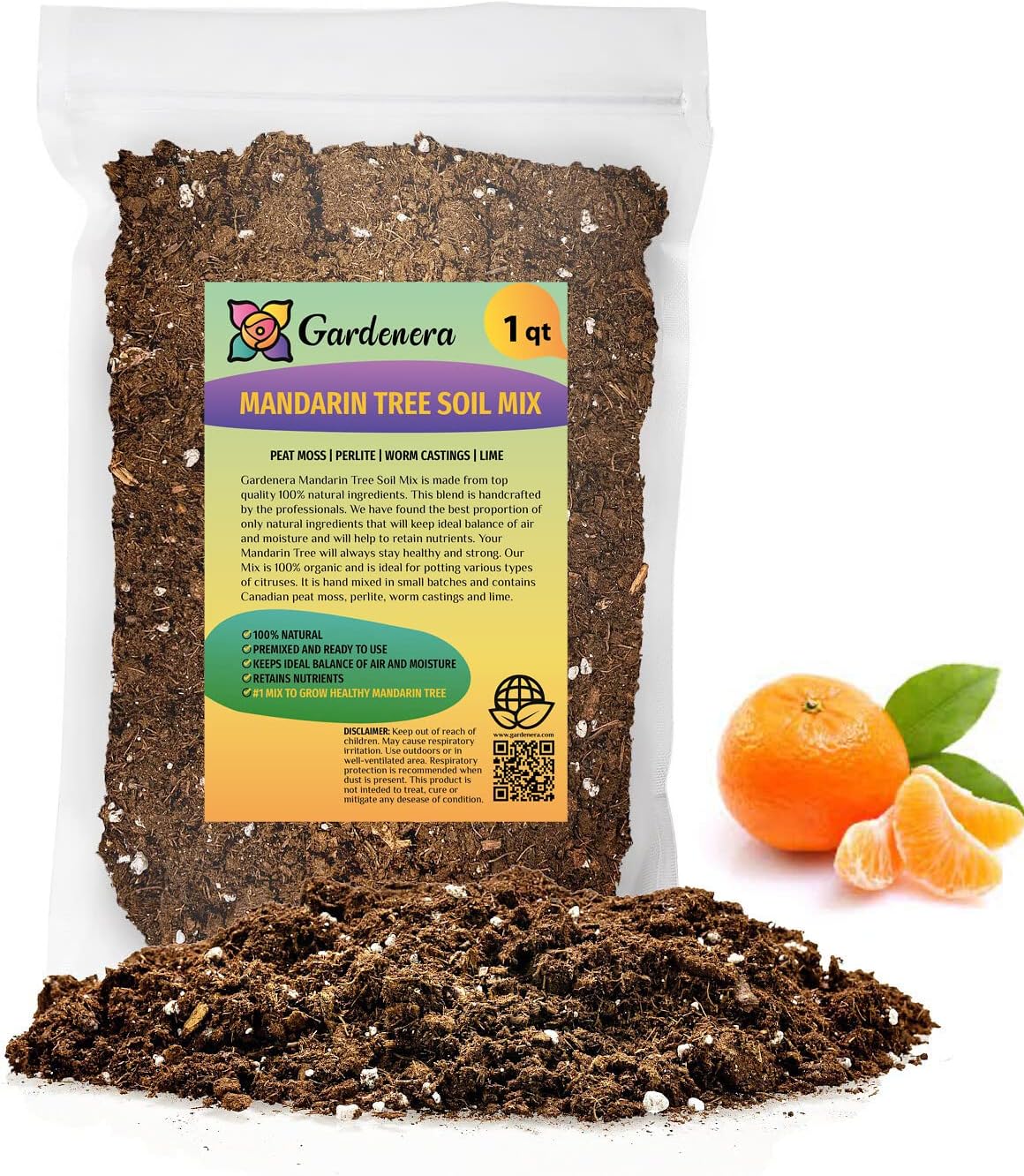 Gardenera Premium Mandarin Tree Soil Mix - Quick Drain Potting Soil for Healthy and Juicy Citrus Trees - 1 Quart