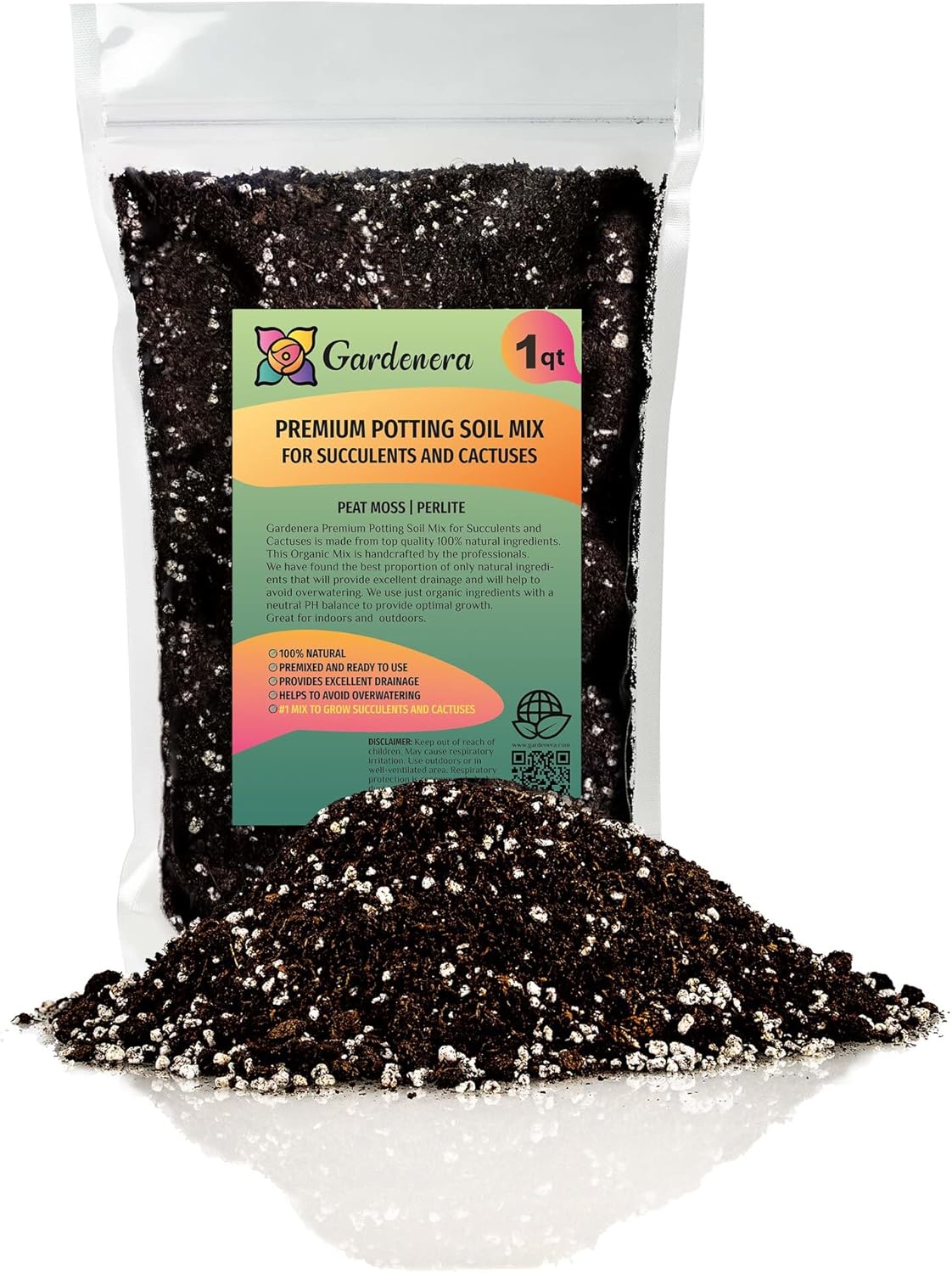 Gardenera Premium Organic Potting Soil, Succulent & Cactus Soil Mix, Fast Draining Pre-Mixed Blend - Horticultural Perlite (25%) + Peat Moss (75%) - Made in USA - 1 Quart