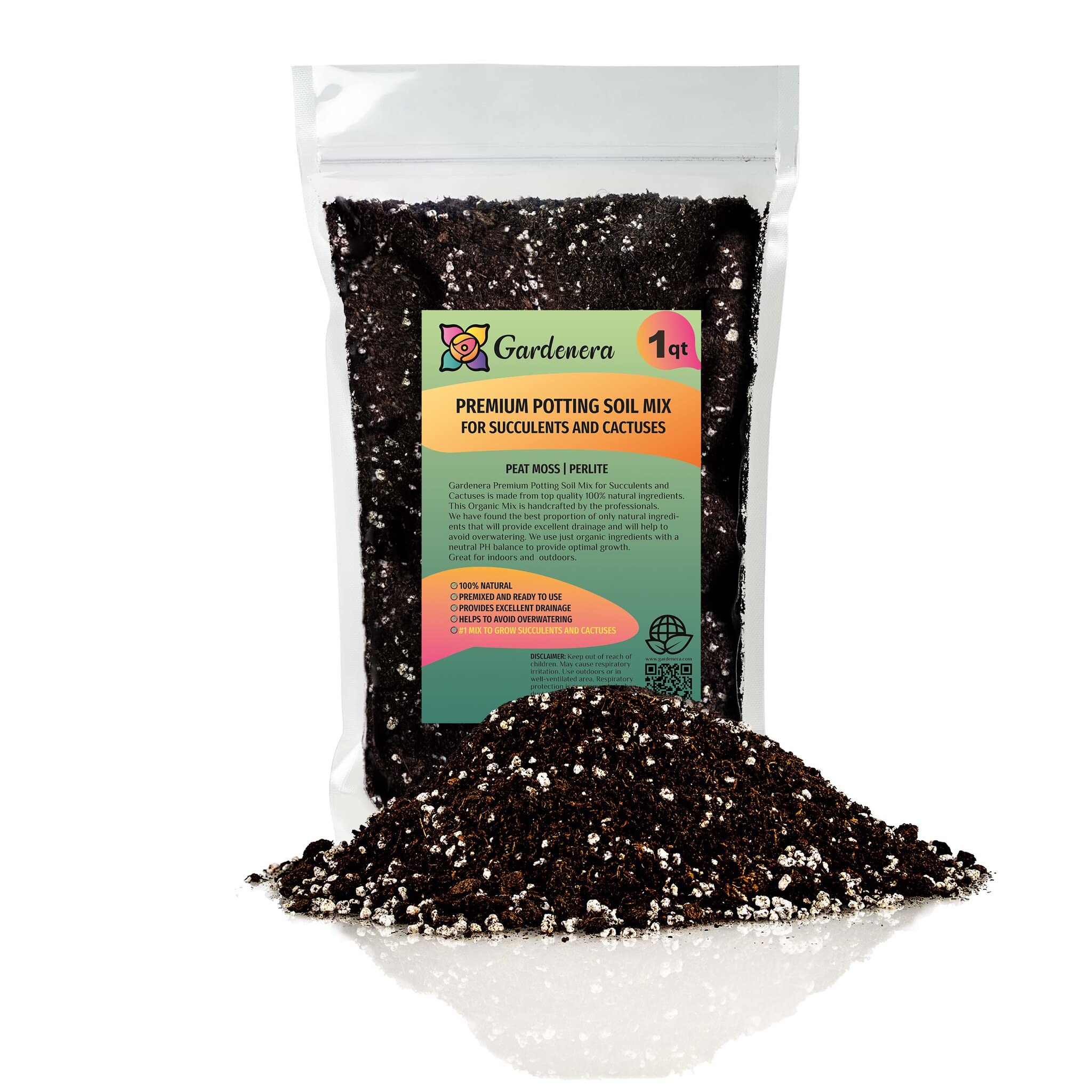 Gardenera Premium Organic Potting Soil, Succulent & Cactus Soil Mix, Fast Draining Pre-Mixed Blend - Horticultural Perlite (25%) + Peat Moss (75%) - Made in USA - 1 Quart