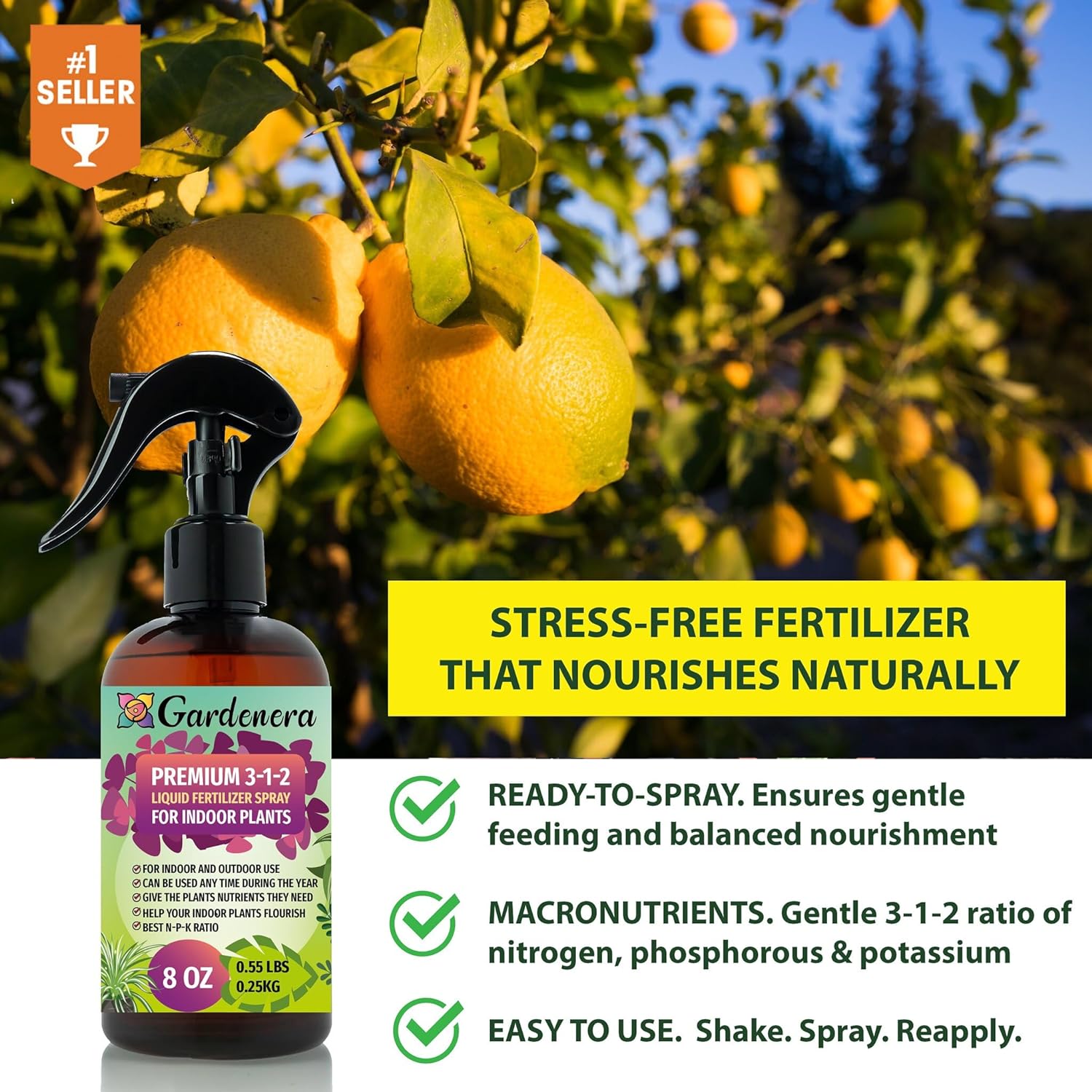 Gardenera Proffesional CITRUS TREE Spray Fertilizer Mist for Home Gardening | 3-1-2 Gentle Blend Mist for Healthy Leaves & Growth | Essential Nutrients for CITRUS TREE - 8oz