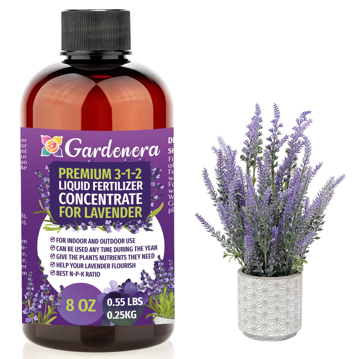 Premium Liquid Lavender Plant Fertilizer - 3-1-2 Concentrate for Indoor Plants and Flowers by Gardenera | Organic Plant Food for Lavenders - 32oz