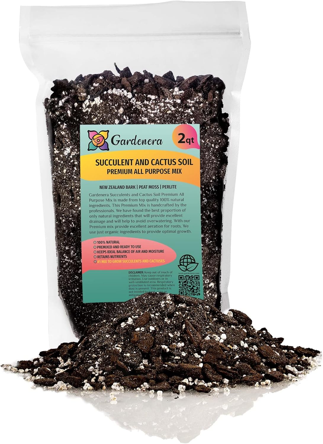 Gardenera Professional Succulent Soil Premium All Purpose Blend | Pre-Mixed Ready to Use for Cactus and Succulents | Sphagnum Peat Moss, Perlite, New Zealand Pine Bark - Made in USA - 1 Quart