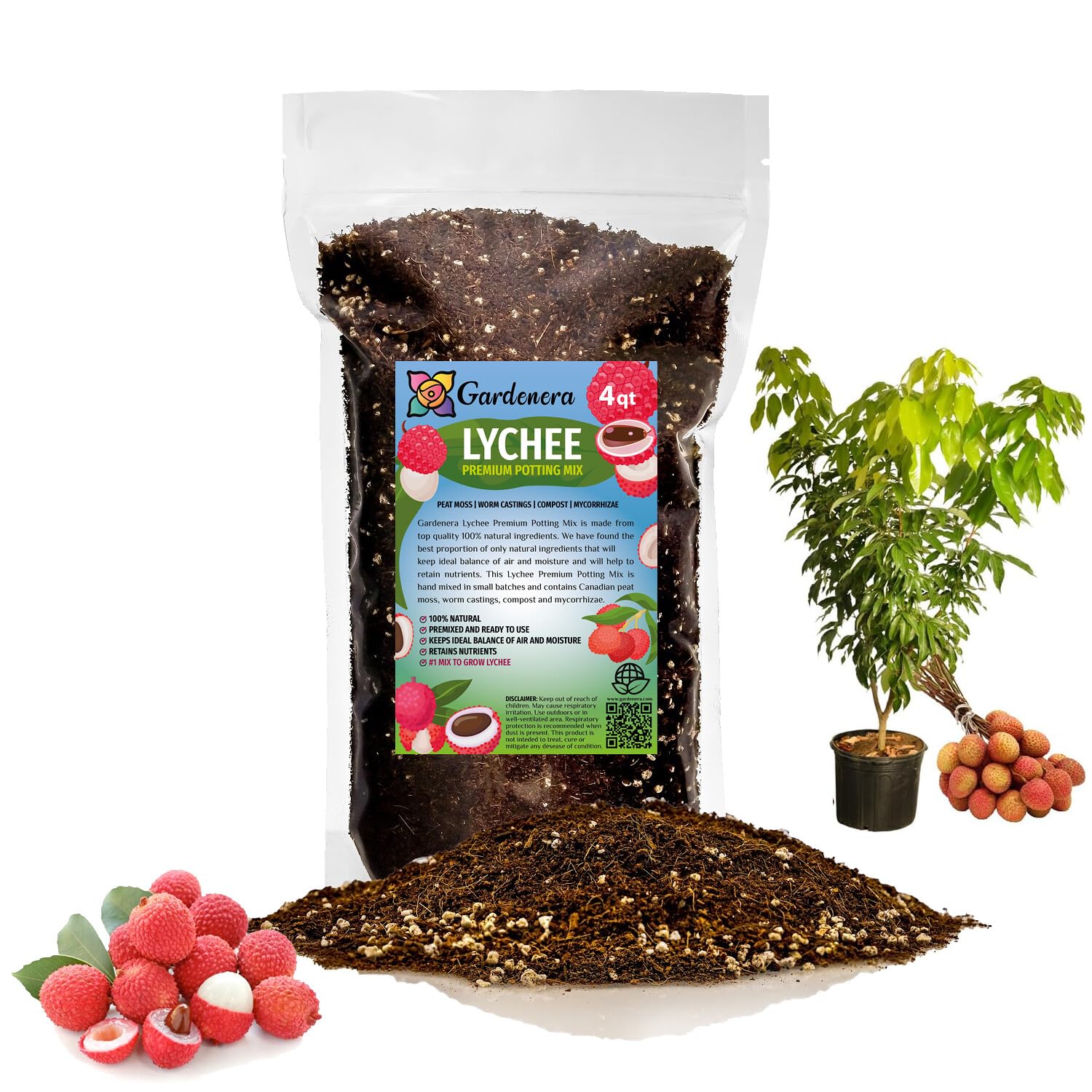 Gardenera Expertly Formulated Lychee Potting Soil Mix - Optimal Nutrient-Rich Blend for Thriving and Juicy Lychee Trees - 1 QUARTS