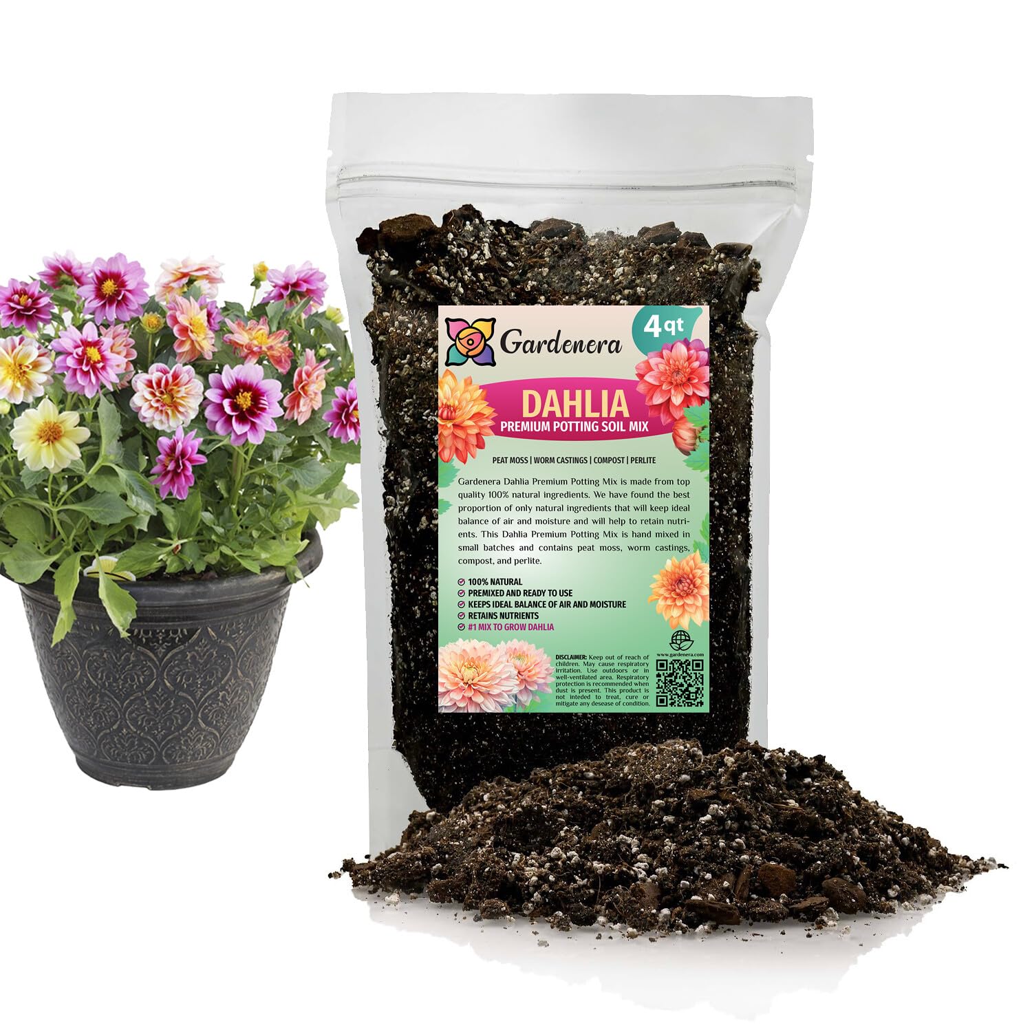 Expert DAHLIA Potting Soil Mix by Gardenera - Enhance Growth and Color - Perfect Balance of Nutrients and Drainage - 4 QUART