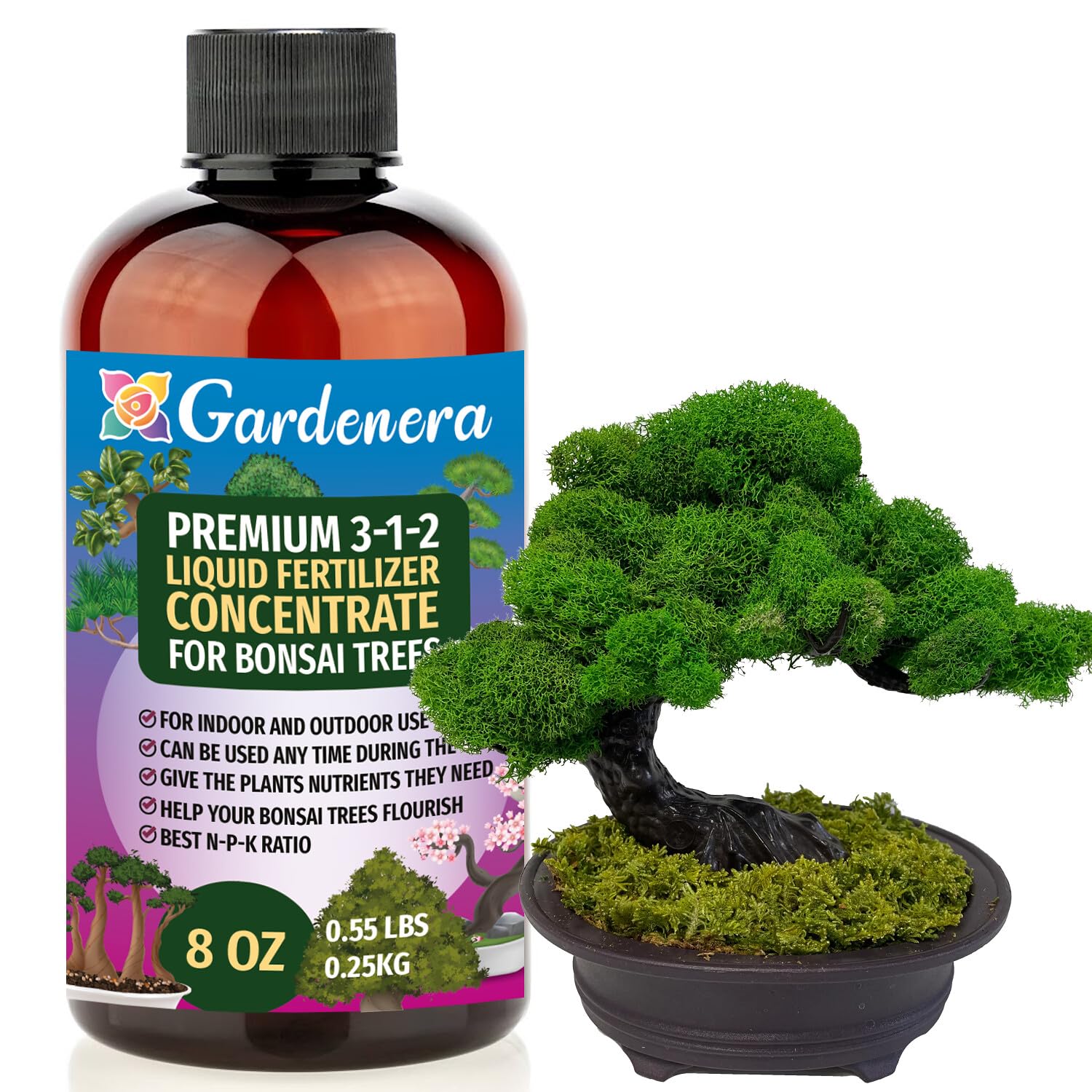 Premium Liquid Bonsai Plant Fertilizer - 3-1-2 Concentrate for Indoor Plants and Flowers by Gardenera | Organic Plant Food for Bonsai - 32oz