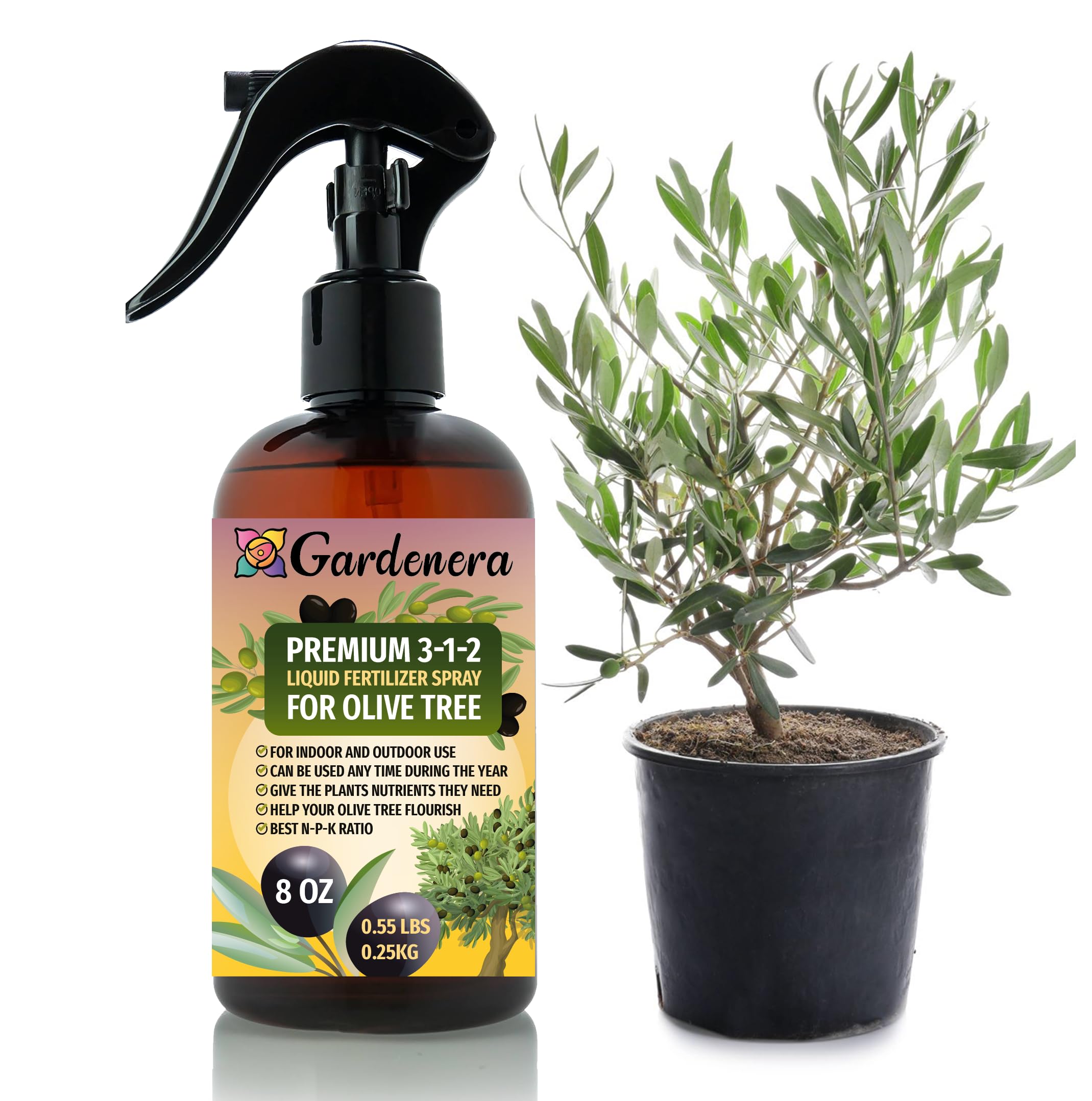 Gardenera Professional Olive Tree Spray Fertilizer Mist for Home Gardening | 3-1-2 Gentle Blend Mist for Healthy Leaves & Growth | Essential Nutrients for Olive Trees - 8oz