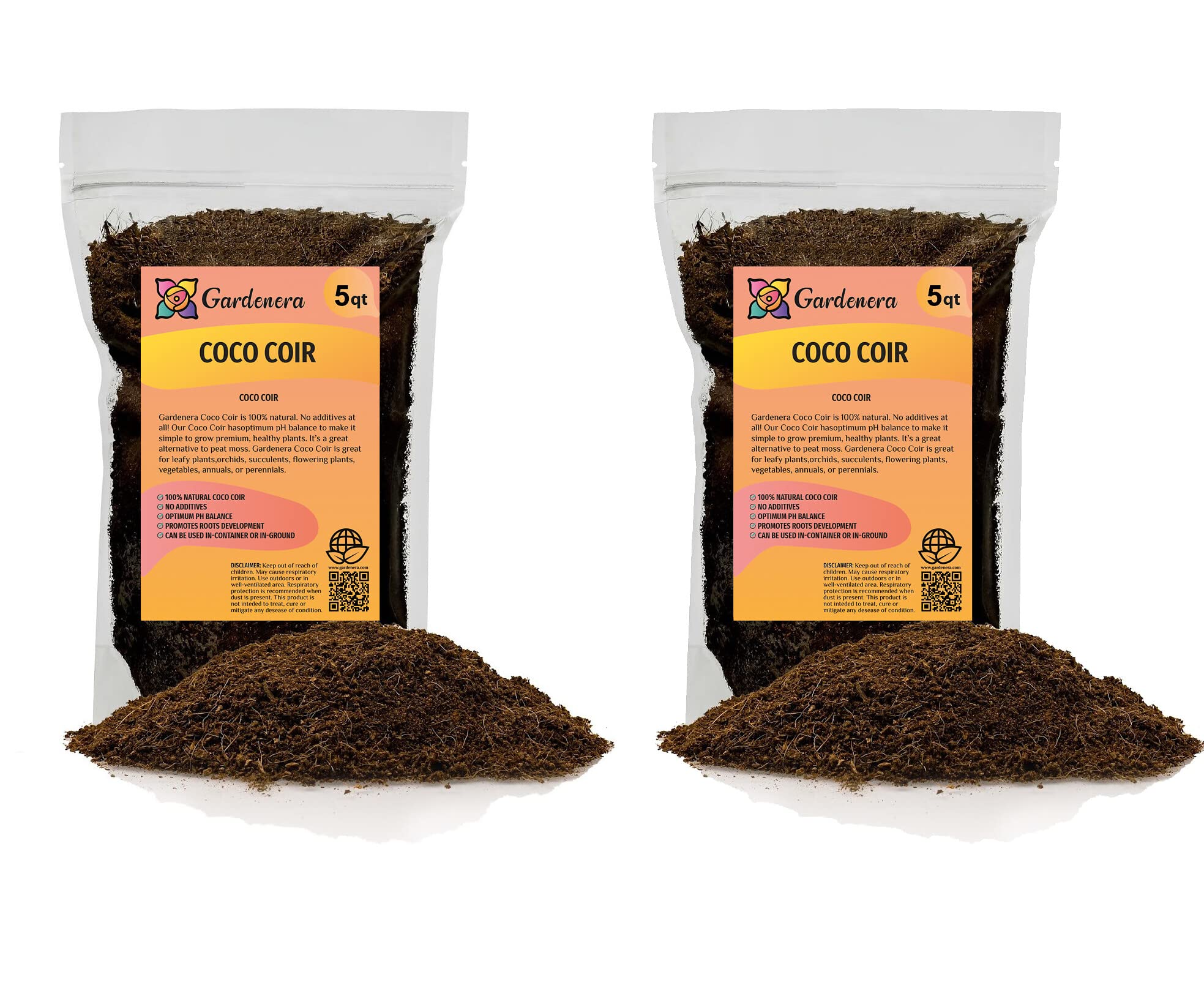 PREMIUM Organic Coconut Coir Mix for Home Gardening - 10 QUART - All Natural Soil Amendment - PH Balanced and Double Washed Coco Coir by Gardenera (2 Bags of 5 Quart)