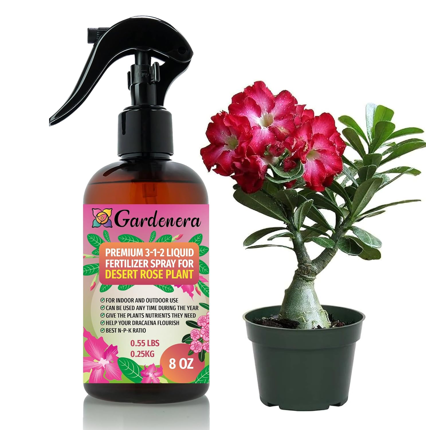 Gardenera Proffesional Desert Rose Spray Fertilizer Mist for Home Gardening | 3-1-2 Gentle Blend Mist for Healthy Leaves & Growth | Essential Nutrients for Desert Rose - 8oz