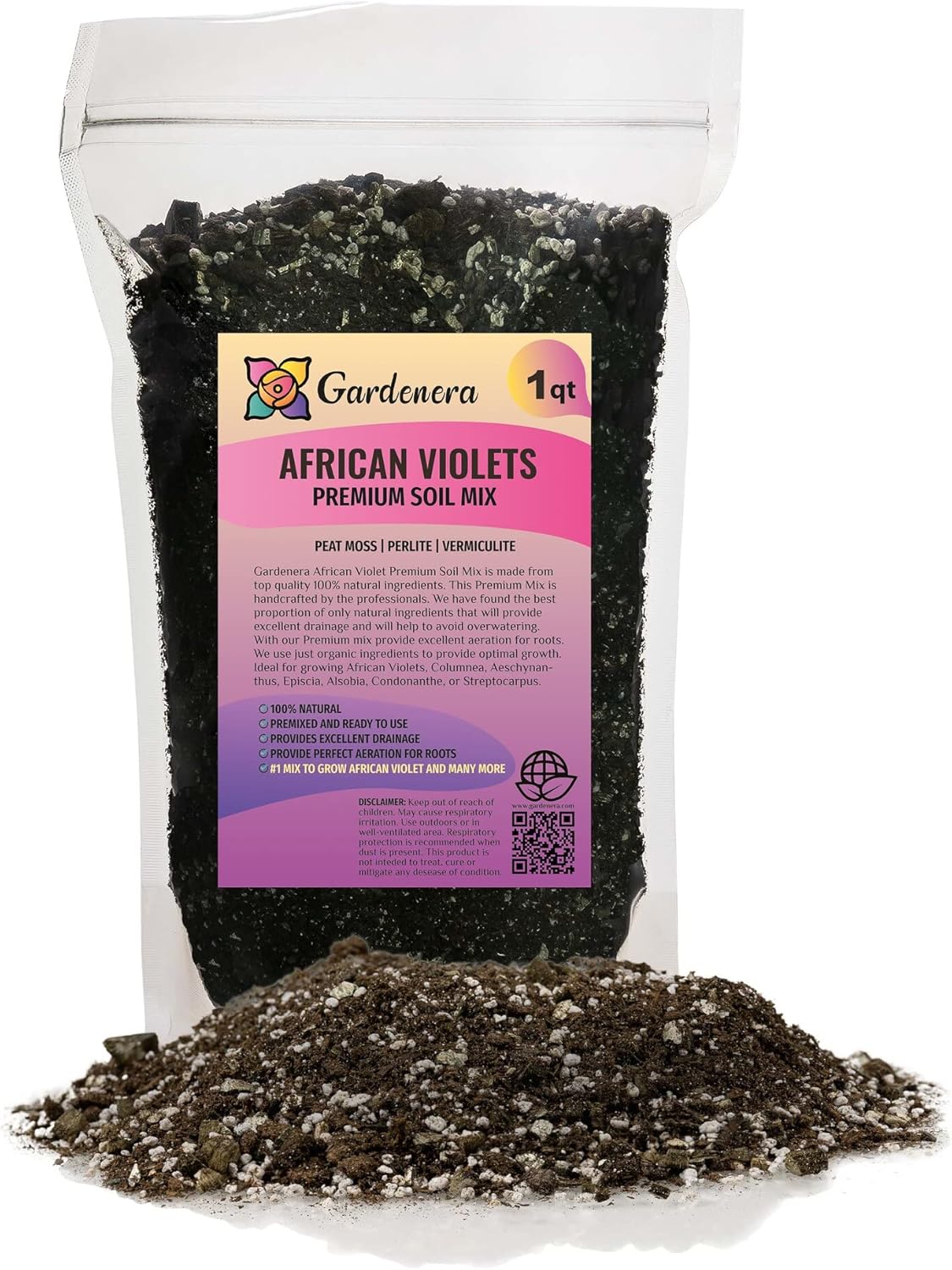 PREMIUM African Violets and Gesneriad Premium Soil Mix by Gardenera - Horticultural Perlite (25%) + Vermiculite (25%) + Sphagnum Peat Moss (50%) - Made in USA - (1 Quart Bag)