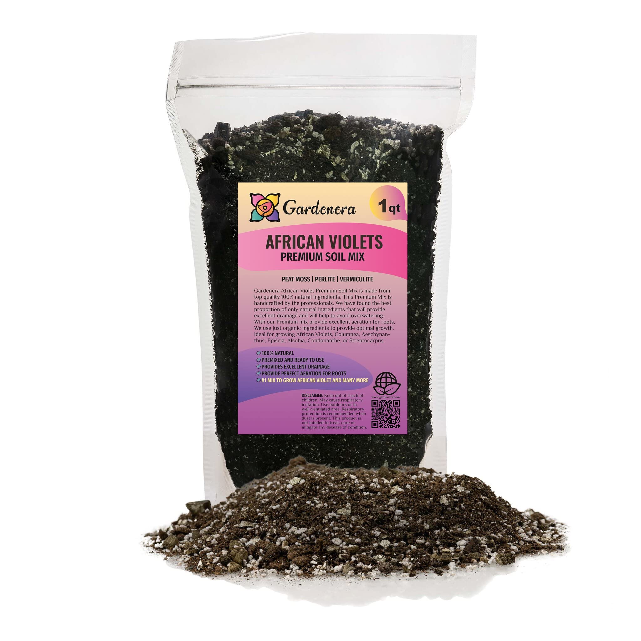 PREMIUM African Violets and Gesneriad Premium Soil Mix by Gardenera - Horticultural Perlite (25%) + Vermiculite (25%) + Sphagnum Peat Moss (50%) - Made in USA - (1 Quart Bag)