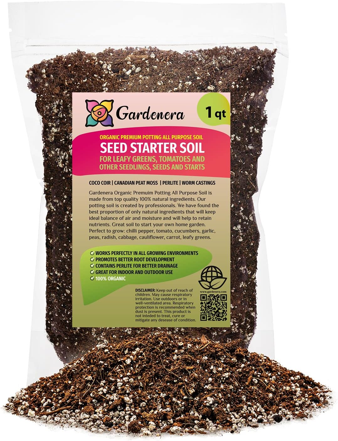 PREMIUM Organic Potting All Purpose Soil - 1 QUART - SEED STARTER Soil for Leafy Greens, Tomatoes and Other Seedlings, Seeds and Starts by Gardenera