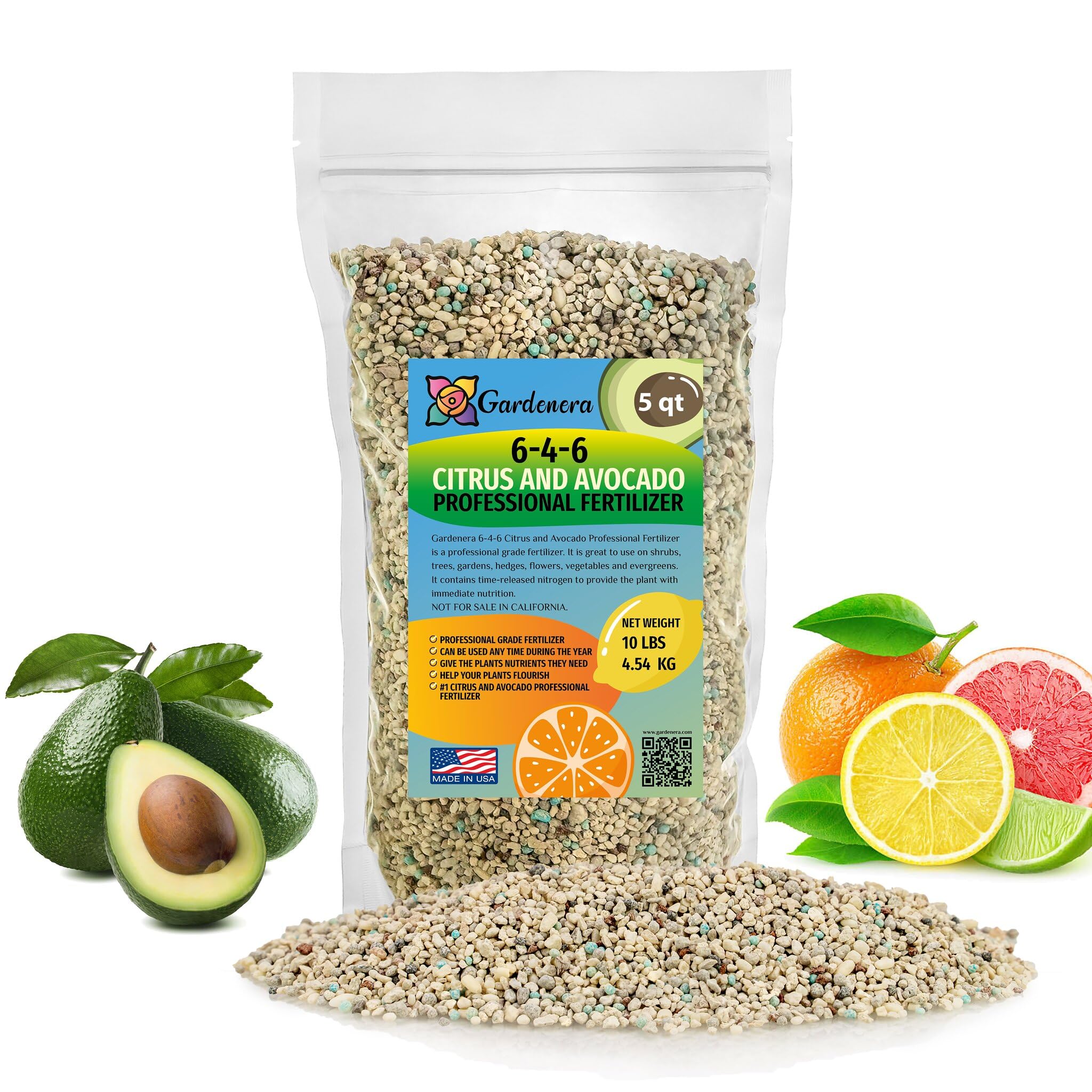 Gardenera 6-4-6 Citrus and Avocado Fertilizer - Promote Strong Root Development and Nutrient Absorption - 10 QUARTS