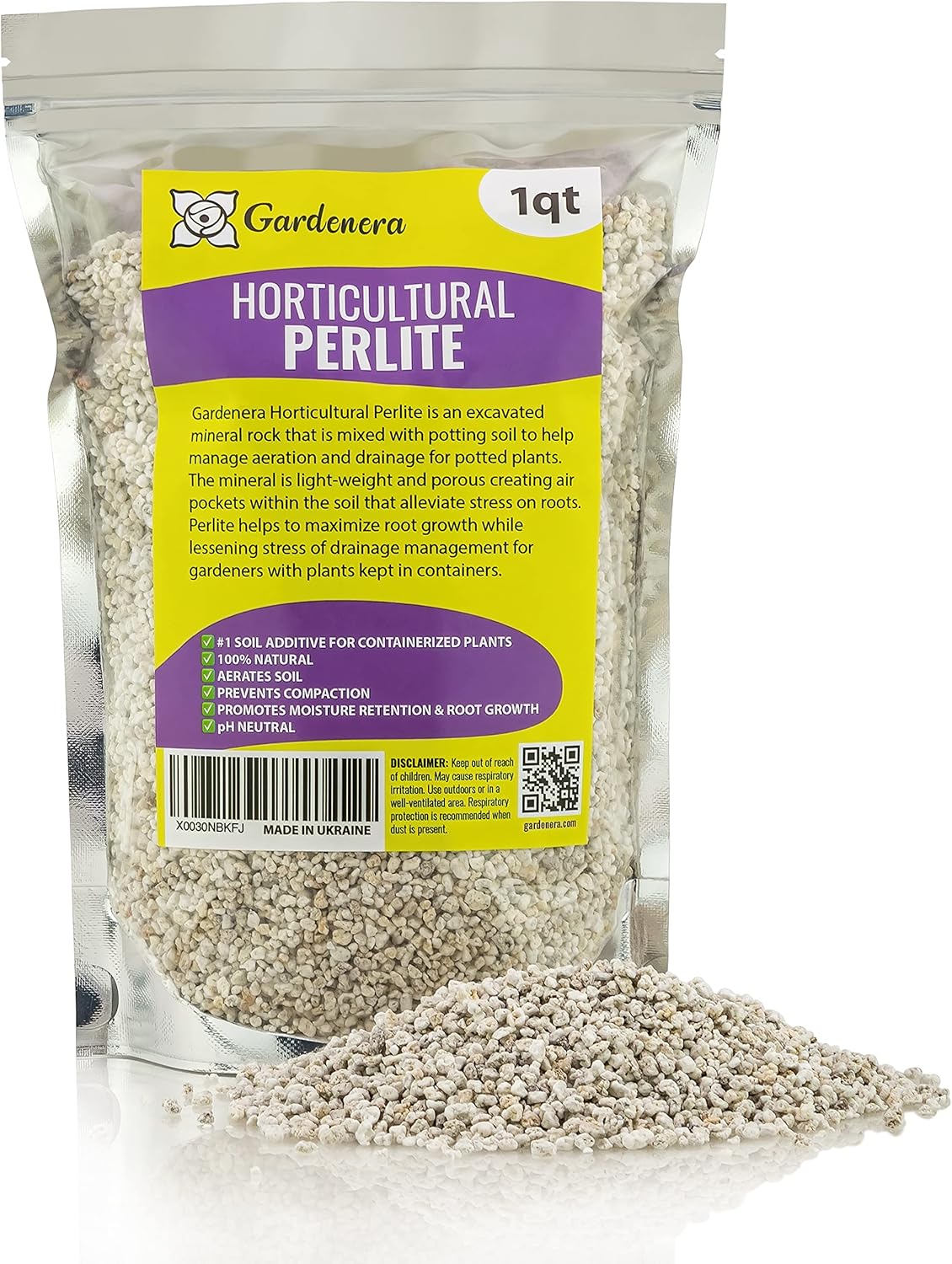 Gardenera Organic Perlite - Medium/Fine Grade (1 Quart Bag) Horticultural Soil Amendment for Indoor & Outdoor Container Plants for Drainage Management and Enhanced Growth