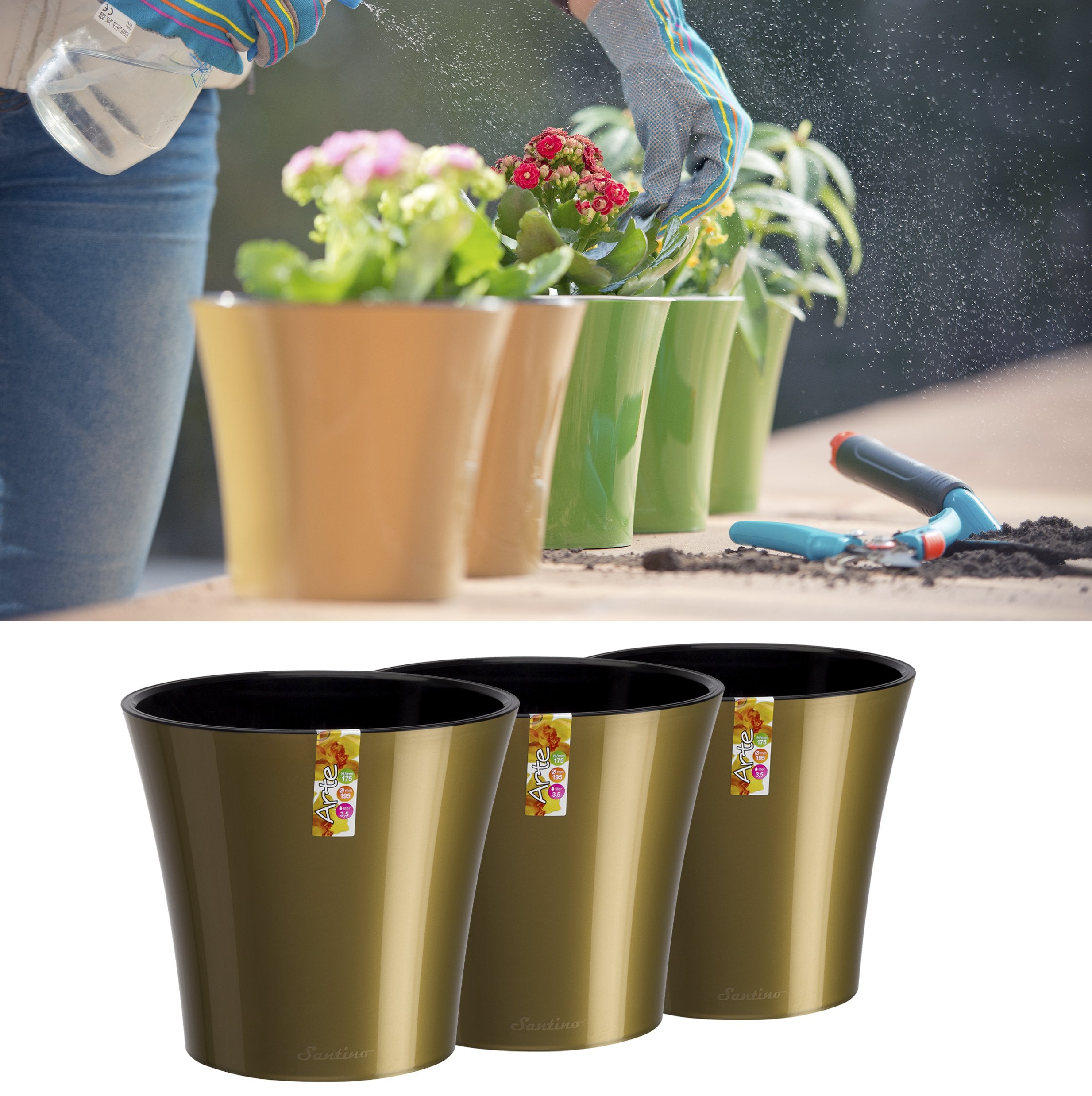 santino arte self watering planter Santino, Self Watering Planters Arte 7.7 Inch Gold/Black, Indoor Flower Pots for All House Plants, Flowers, Herbs, Set of 3