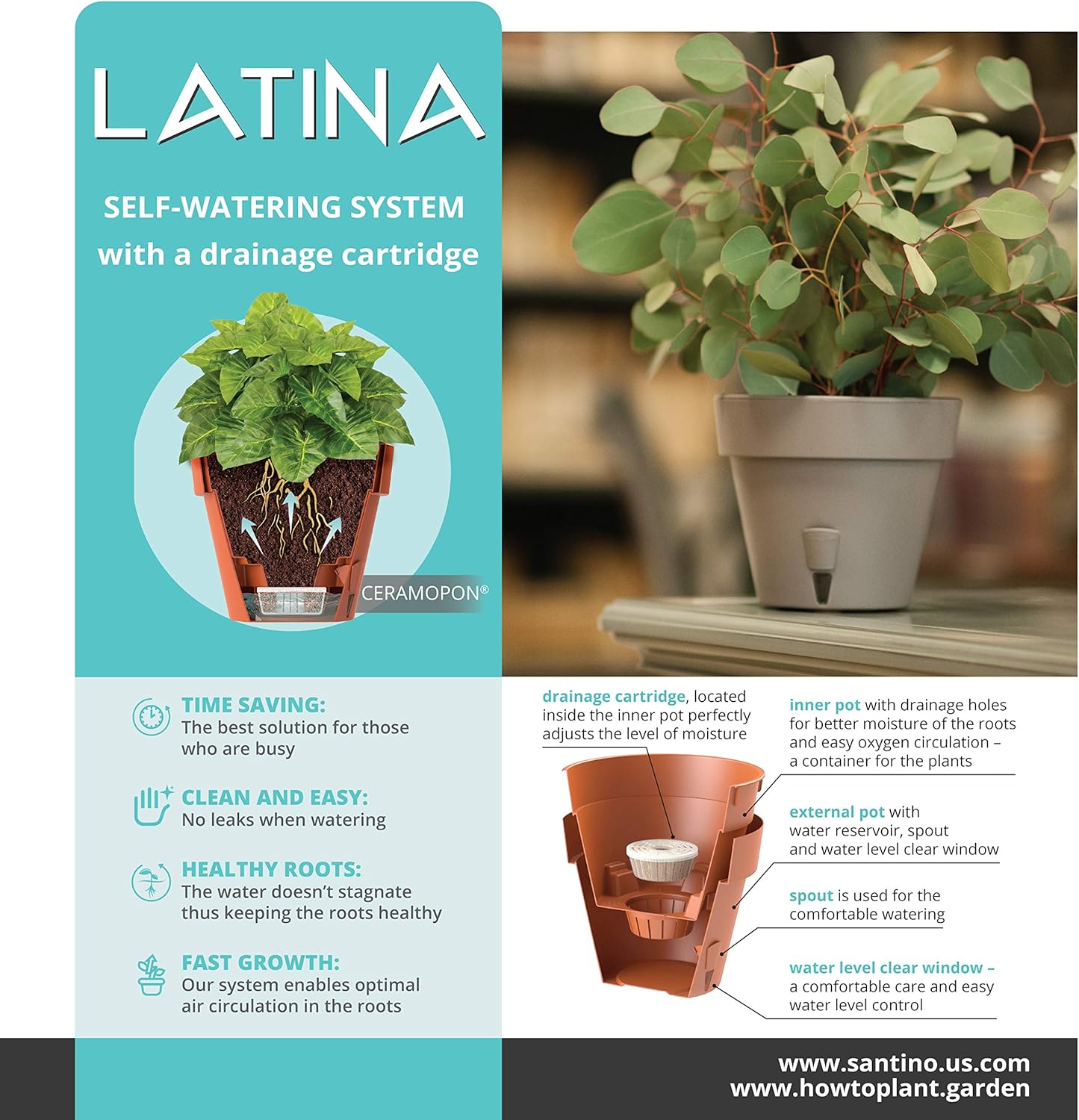 Santino Self Watering Planter Latina 6.9 Inch Shade Flower Pot with Bottom Watering and Water Level Indicator for Indoor/Outdoor use for All Plants, Flowers, Herbs