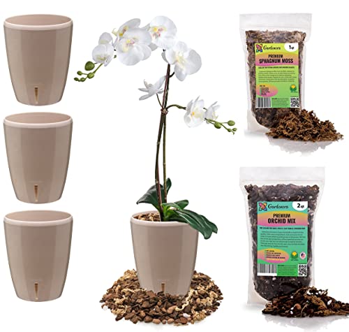 Orchid Growing Kit 4 Self Watering Planters + Orchid Soil Mix + Sphagnum Moss