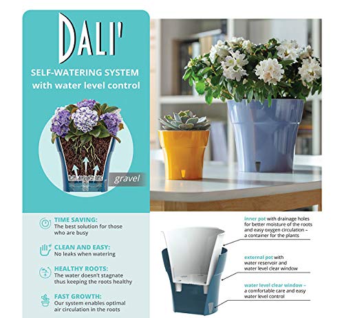 Gardenera 4.3" DALI Self Watering Planter in Smoky Blue-Gray - Modern Flower Pot with Water Level Indicator for All House Plants, Flowers, Herbs, Succulents and Orchids